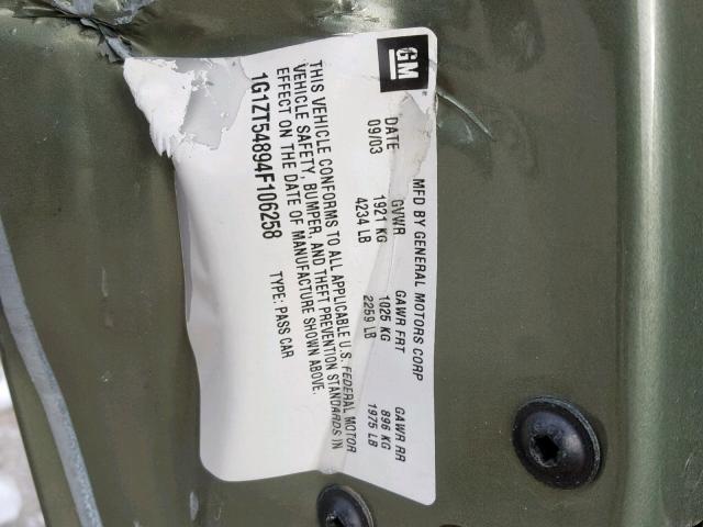 1G1ZT54894F106258 - 2004 CHEVROLET MALIBU LS GREEN photo 10