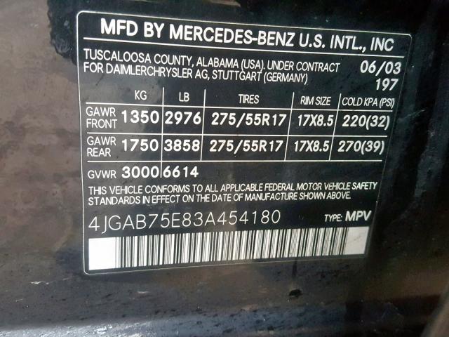 4JGAB75E83A454180 - 2003 MERCEDES-BENZ ML 500 BLACK photo 10