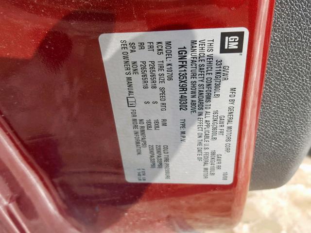 1GNFK135X9R140302 - 2009 CHEVROLET TAHOE HYBR RED photo 10