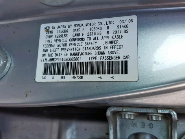 JHMCP26468C065801 - 2008 HONDA ACCORD LXP SILVER photo 10