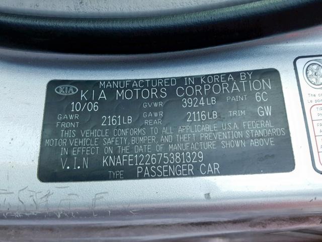 KNAFE122675381329 - 2007 KIA SPECTRA EX SILVER photo 10