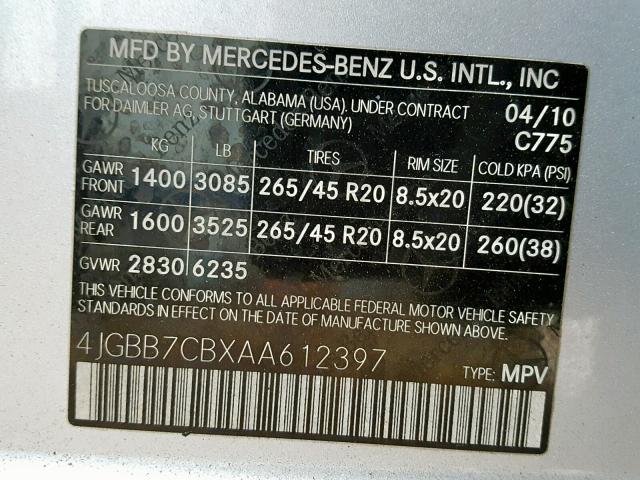 4JGBB7CBXAA612397 - 2010 MERCEDES-BENZ ML 550 4MA SILVER photo 10