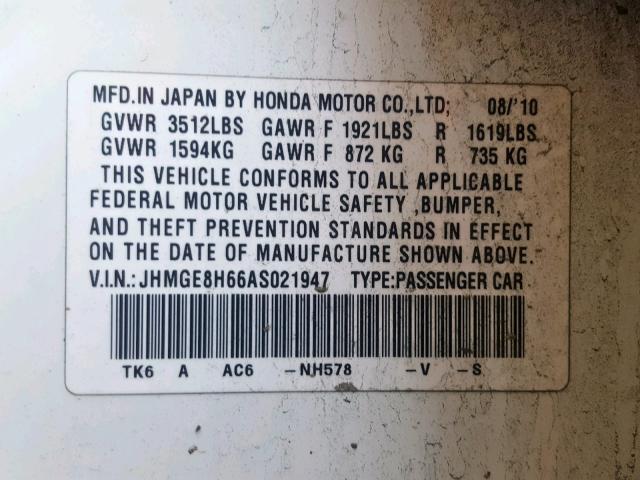 JHMGE8H66AS021947 - 2010 HONDA FIT SPORT WHITE photo 10