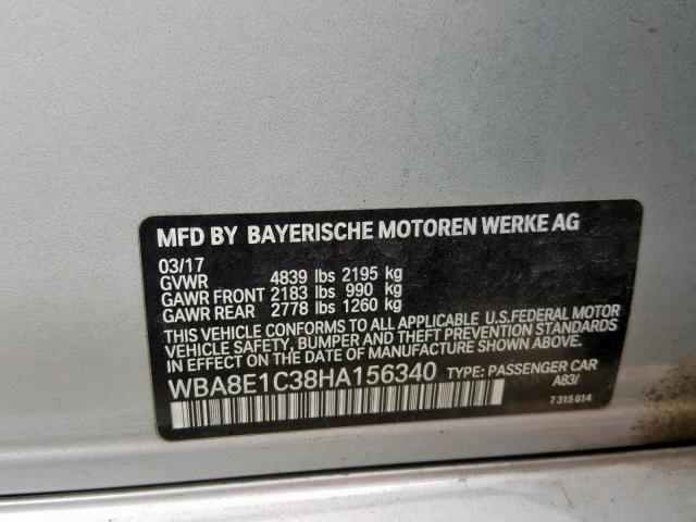 WBA8E1C38HA156340 - 2017 BMW 330E SILVER photo 10