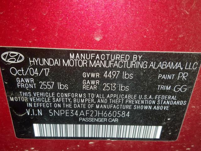 5NPE34AF2JH660584 - 2018 HYUNDAI SONATA SPO RED photo 10