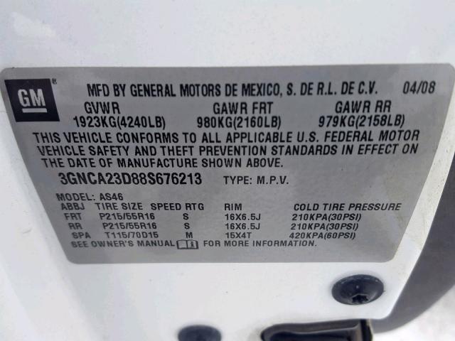 3GNCA23D88S676213 - 2008 CHEVROLET HHR LT WHITE photo 10