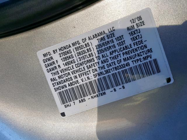 5FNRL38217B033249 - 2007 HONDA ODYSSEY LX GOLD photo 10