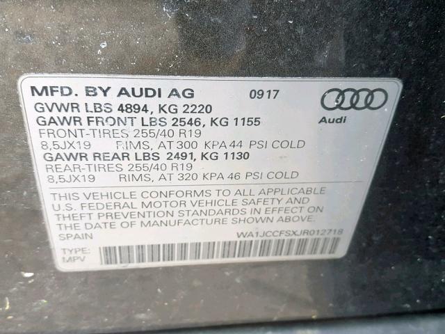 WA1JCCFSXJR012718 - 2018 AUDI Q3 PREMIUM GRAY photo 10