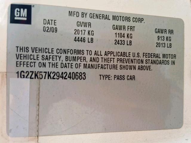 1G2ZK57K294240683 - 2009 PONTIAC G6 GT WHITE photo 10