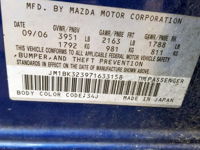 JM1BK323971633158 - 2007 MAZDA 3 S BLUE photo 10