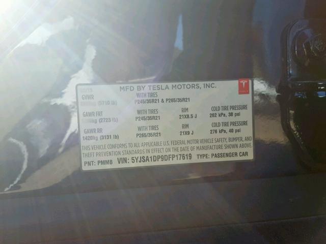 5YJSA1DP9DFP17619 - 2013 TESLA MODEL S Niebieski zdjęcie 10