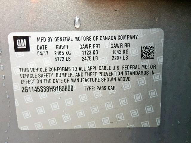 2G1145S38H9185860 - 2017 CHEVROLET IMPALA PRE ნაცრისფერი ფოტო 10