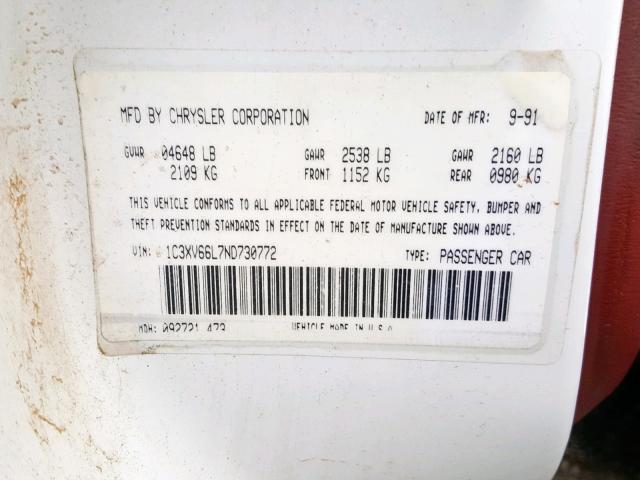 1C3XV66L7ND730772 - 1992 CHRYSLER NEW YORKER WHITE photo 10