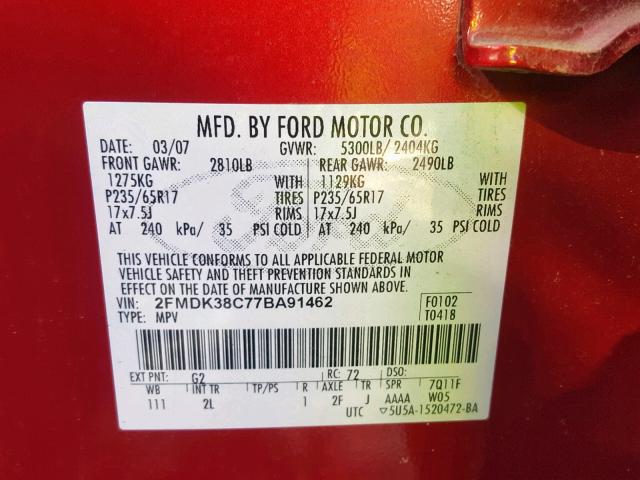 2FMDK38C77BA91462 - 2007 FORD EDGE SEL BURGUNDY photo 10