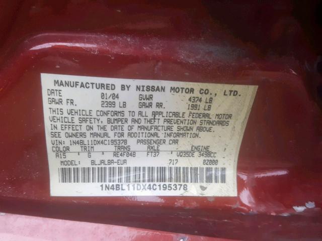 1N4BL11DX4C195378 - 2004 NISSAN ALTIMA SE RED photo 10