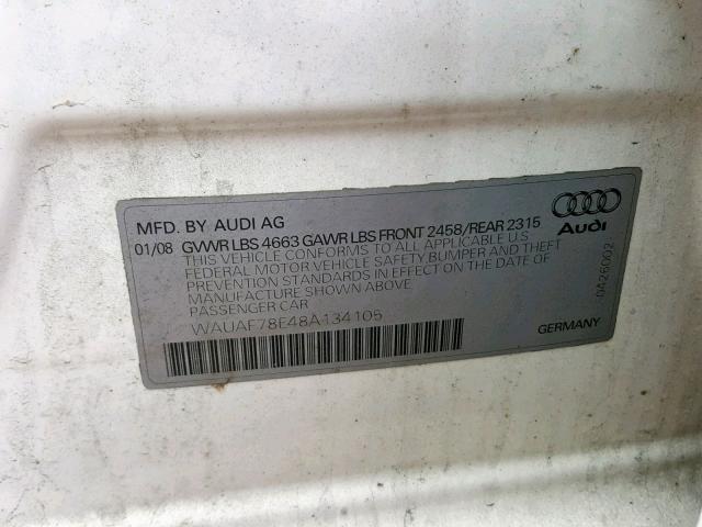 WAUAF78E48A134105 - 2008 AUDI A4 2.0T WHITE photo 10