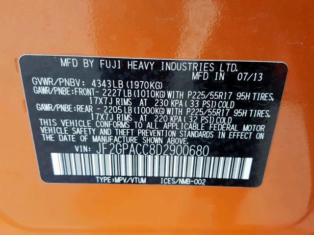 JF2GPACC8D2900680 - 2013 SUBARU XV CROSSTR ORANGE photo 10