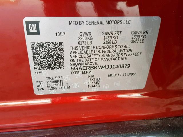 5GAERBKW4JJ140879 - 2018 BUICK ENCLAVE ES RED photo 10