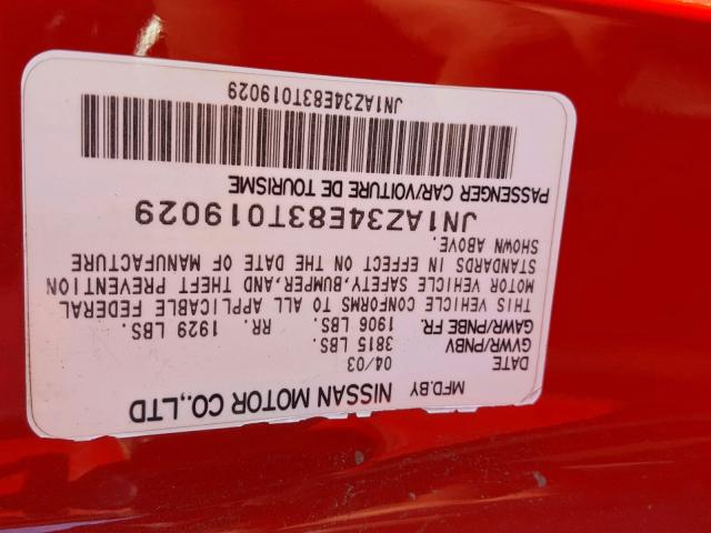 JN1AZ34E83T019029 - 2003 NISSAN 350Z COUPE RED photo 10