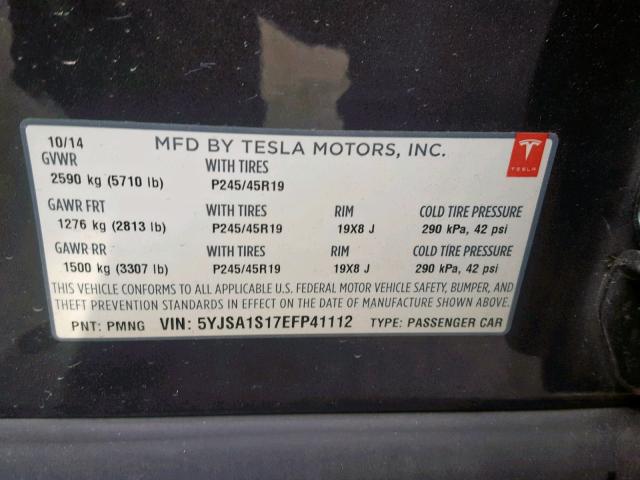 5YJSA1S17EFP41112 - 2014 TESLA MODEL S GRAY photo 10