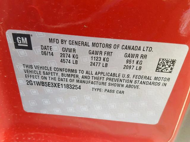 2G1WB5E3XE1183254 - 2014 CHEVROLET IMPALA LIM RED photo 10