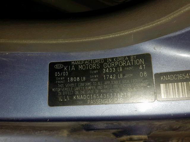 KNADC165436171219 - 2003 KIA RIO CINCO BLUE photo 10