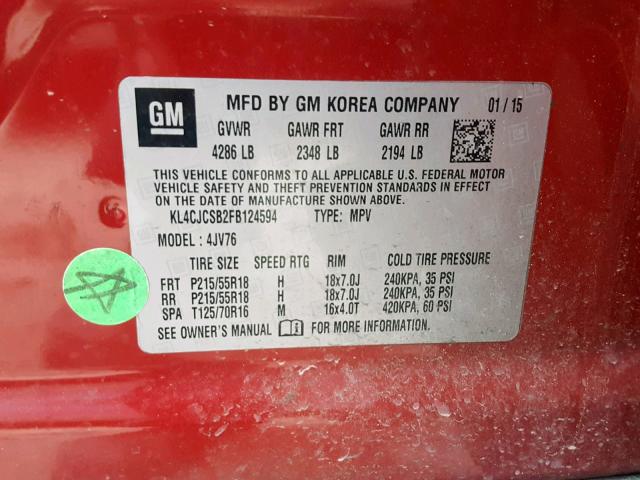 KL4CJCSB2FB124594 - 2015 BUICK ENCORE RED photo 10