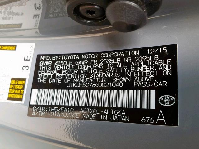 JTKJF5C78GJ021040 - 2016 TOYOTA SCION TC ნაცრისფერი ფოტო 10