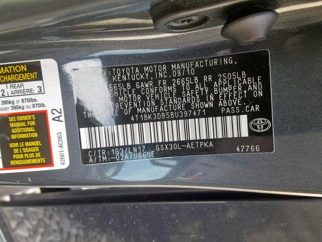 4T1BK3DB5BU397471 - 2011 TOYOTA AVALON BAS GRAY photo 10