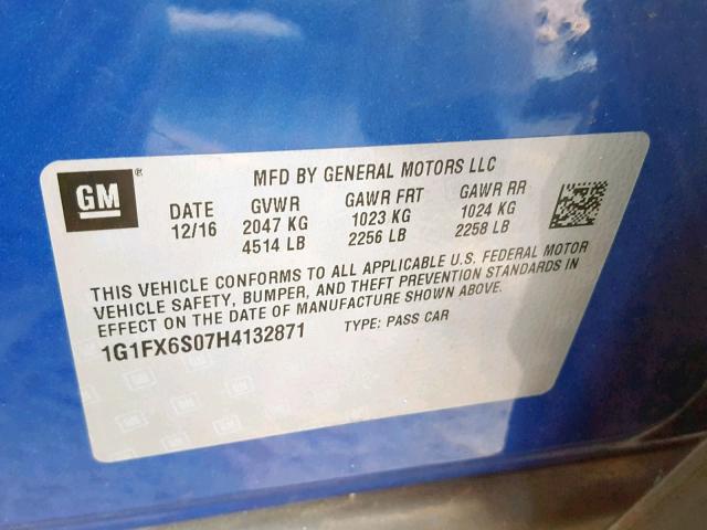 1G1FX6S07H4132871 - 2017 CHEVROLET BOLT EV PR BLUE photo 10