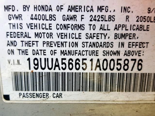 19UUA56651A005876 - 2001 ACURA 3.2TL SILVER photo 10