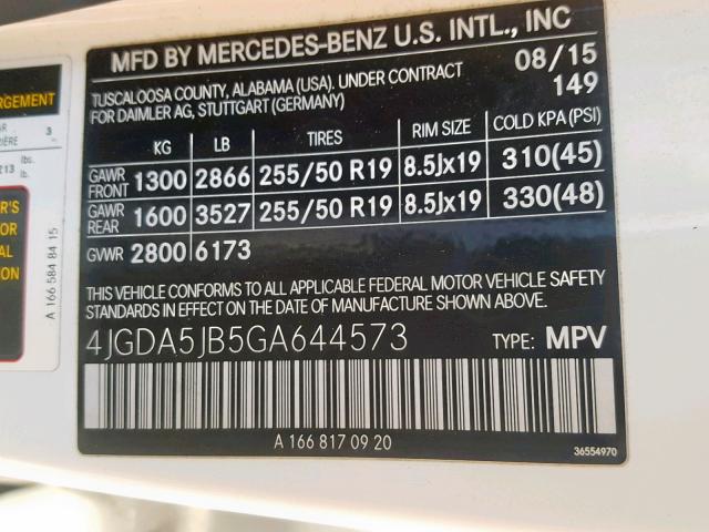 4JGDA5JB5GA644573 - 2016 MERCEDES-BENZ GLE 350 WHITE photo 10