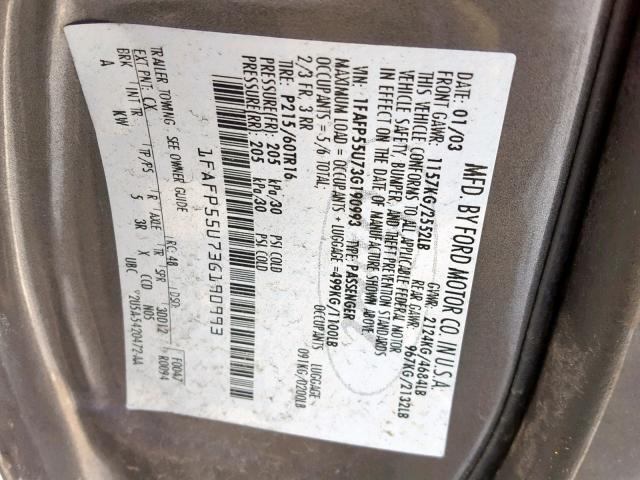 1FAFP55U73G190993 - 2003 FORD TAURUS SES GRAY photo 10