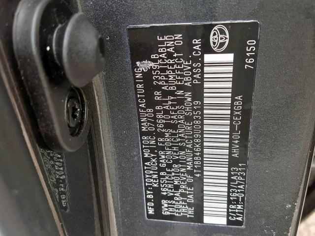 4T1BB46K89U083519 - 2009 TOYOTA CAMRY HYBR GRAY photo 10