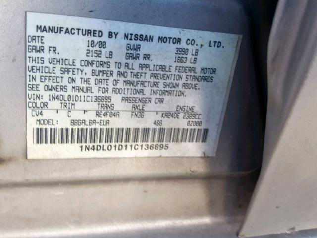 1N4DL01D11C136895 - 2001 NISSAN ALTIMA XE TAN photo 10