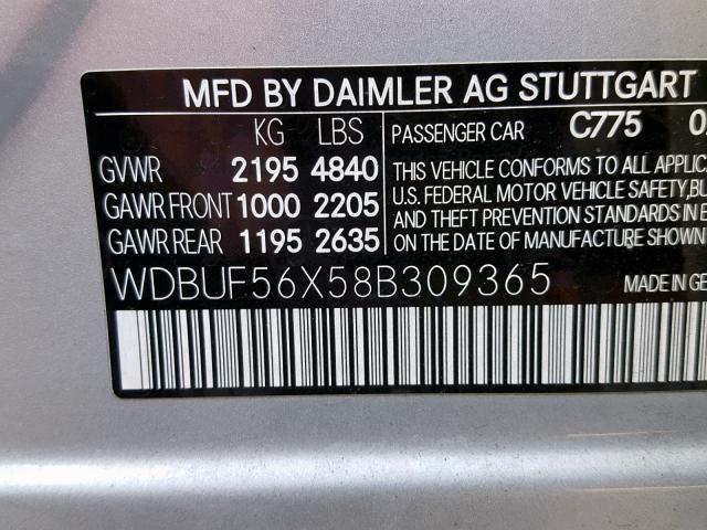 WDBUF56X58B309365 - 2008 MERCEDES-BENZ E 350 SILVER photo 10