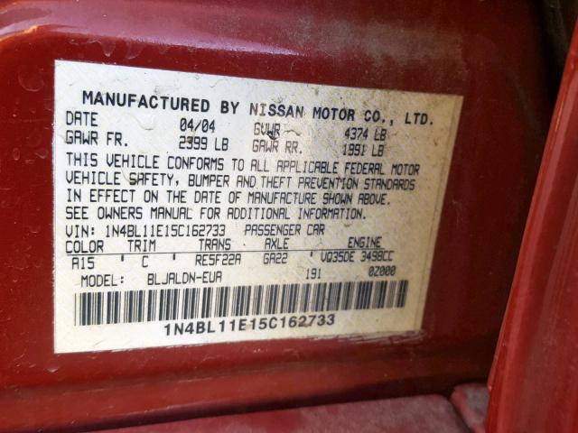 1N4BL11E15C162733 - 2005 NISSAN ALTIMA SE RED photo 10