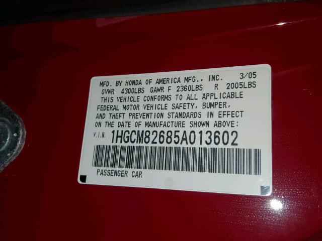 1HGCM82685A013602 - 2005 HONDA ACCORD RED photo 10