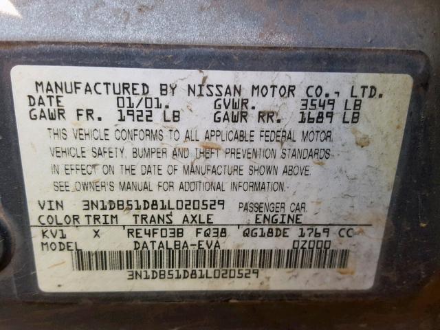 3N1DB51D81L020529 - 2001 NISSAN SENTRA CA GRAY photo 10