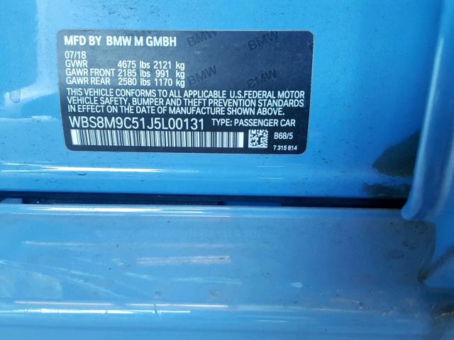 WBS8M9C51J5L00131 - 2018 BMW M3 BLUE photo 10