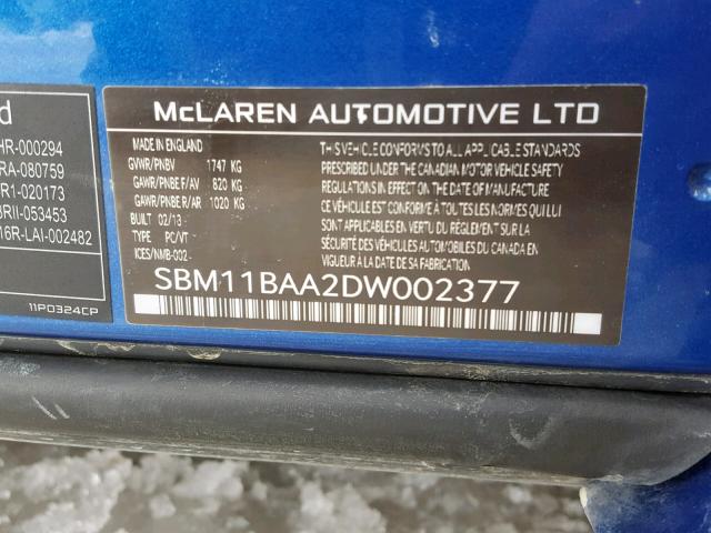 SBM11BAA2DW002377 - 2013 MCLAREN AUTOMOTIVE MP4-12C SP BLUE photo 10
