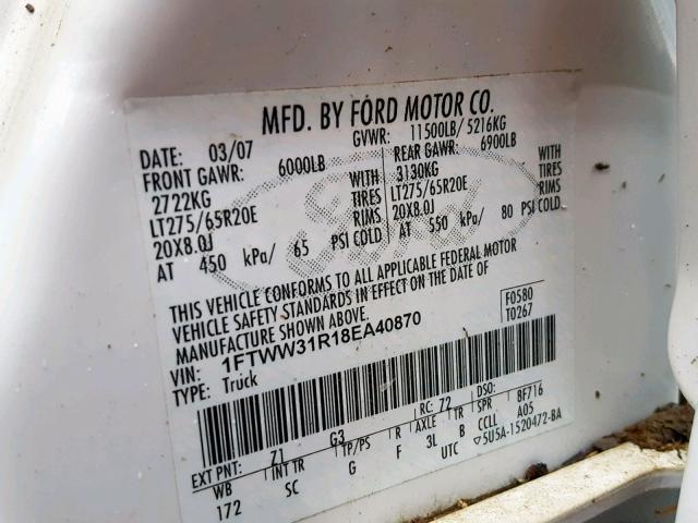 1FTWW31R18EA40870 - 2008 FORD F350 SRW S WHITE photo 10