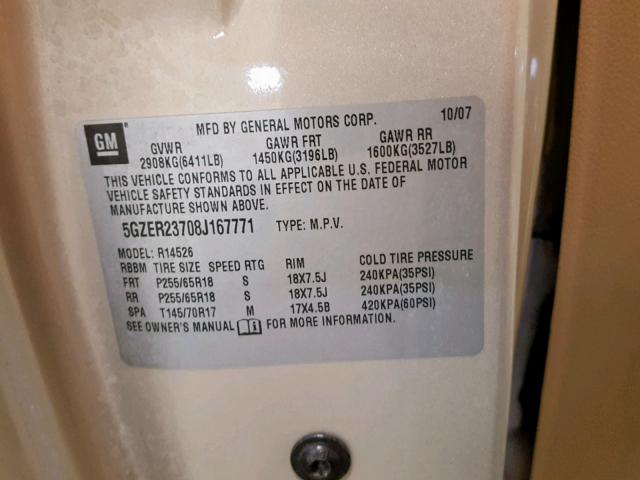 5GZER23708J167771 - 2008 SATURN OUTLOOK XR ბეჟი ფოტო 10