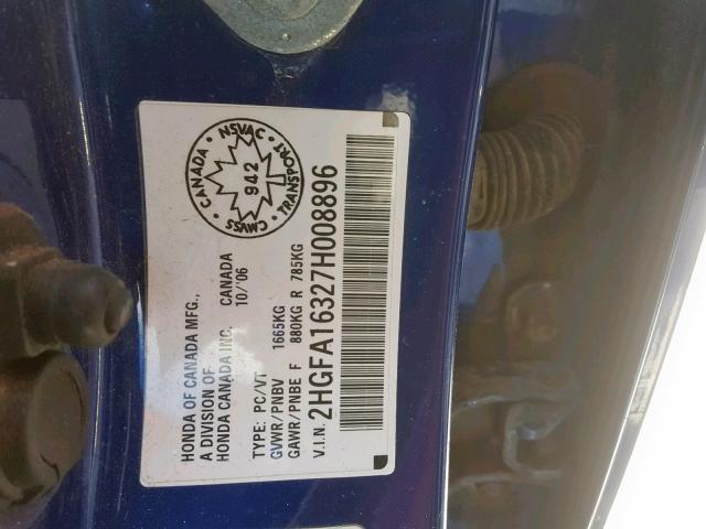 2HGFA16327H008896 - 2007 HONDA CIVIC DX BLUE photo 10