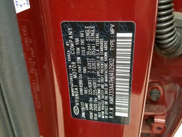 KM8J33A47HU412902 - 2017 HYUNDAI TUCSON LIM RED photo 10