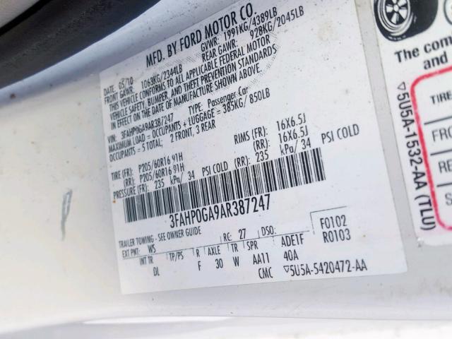 3FAHP0GA9AR387247 - 2010 FORD FUSION S WHITE photo 10