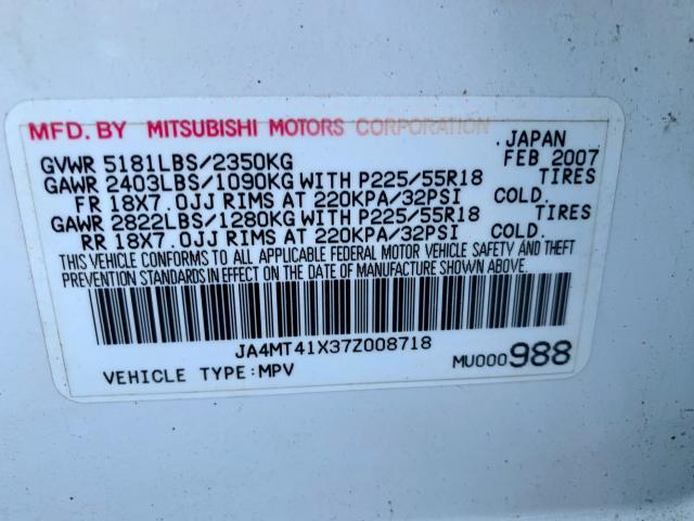 JA4MT41X37Z008718 - 2007 MITSUBISHI OUTLANDER WHITE photo 10