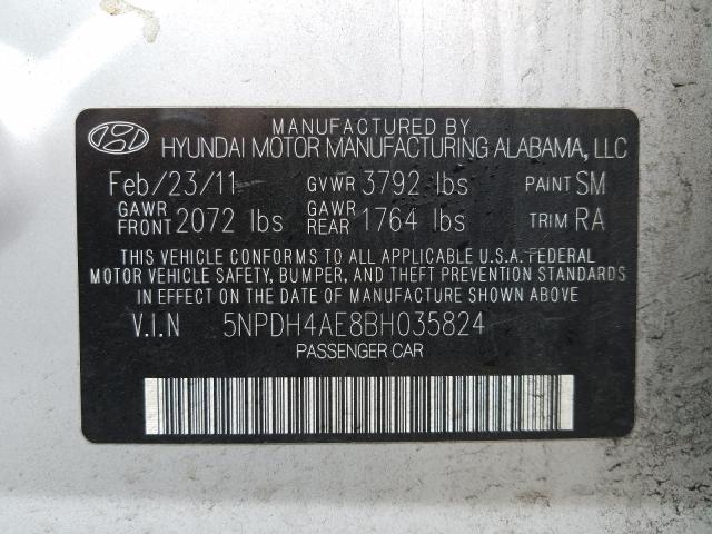 5NPDH4AE8BH035824 - 2011 HYUNDAI ELANTRA GLS  photo 10