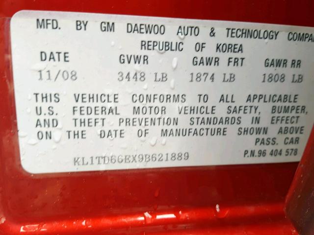 KL1TD66EX9B621889 - 2009 CHEVROLET AVEO LS RED photo 10