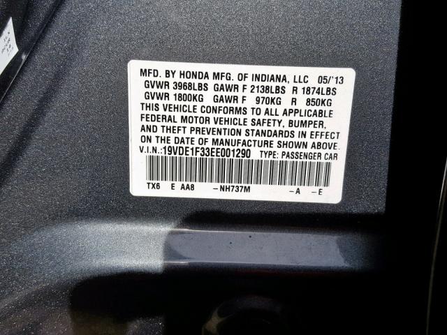 19VDE1F33EE001290 - 2014 ACURA ILX 20 GRAY photo 10